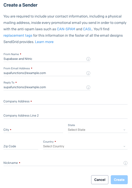 SendGrid create new sender dialog screenshot